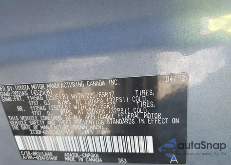 2012 Toyota Rav4 Limited from USA, damaged, VIN 2T3DF4DV8CW211458